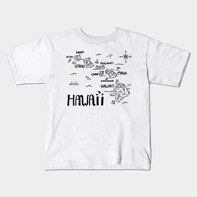 Hawaii Illustrated Map Black and White Kids T-Shirt by Claire Lordon